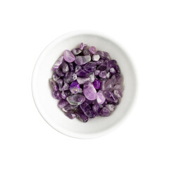 Amethyst crystals isolated. Purple quartz pebbles and crystal