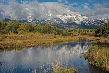 Snow capped mountains of the Grand Tetons scenic in fall  season.