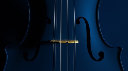 Dark Blue classic violin on brown plate under spot lighting background. 3D sketch design and illustration. 3D high quality rendering. 3D CG. © DRN Studio
