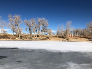 Beautiful frozen lake, Cherry creek state park, Colorado.