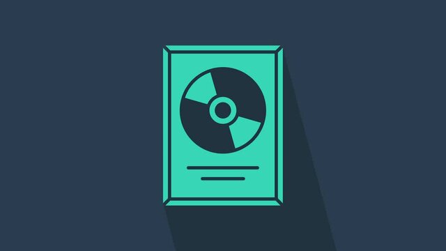 Turquoise CD disk award in frame icon isolated on blue background. Modern ceremony. Best seller. Musical trophy. 4K Video motion graphic animation.