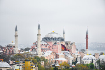 Naklejka premium Hagia Sophia museum (Ayasofya camii) in Istanbul, Turkey. Hagia Sophia is a former Orthodox patriarchal basilica, later a mosque, after a museum, and now again mosque.