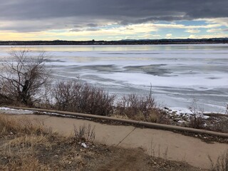 Stunning mind blowing frozen lake, Cherry creek state park, Colorado.