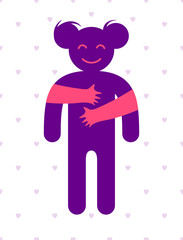 Beloved woman with care hands of a lover or friend hugging her around from behind, vector icon logo or illustration in simplistic symbolic style.