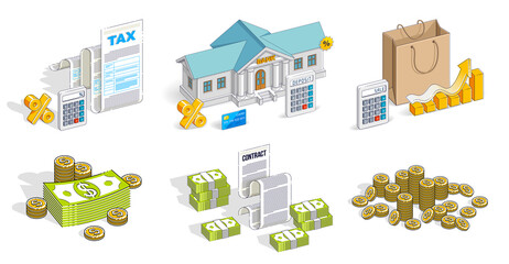 Different finance concepts illustrations 3D vector set isolated on white background, business and money conceptual designs collection, savings, bank, contract, income, safety, online.