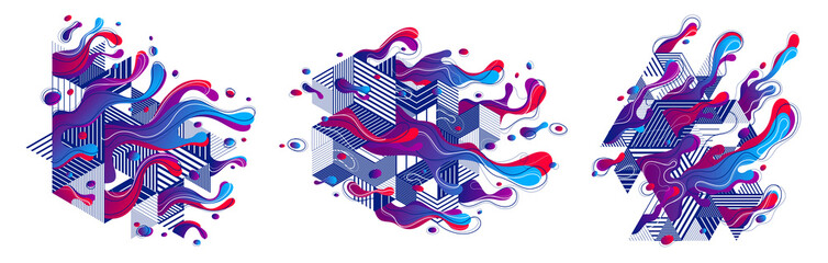 Fluids colorful liquid shapes with geometric lines in motion vector abstract graphic design elements set, dynamic modern art flowing and changing forms, gradients lava bubbles collection.