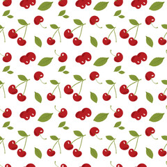 Cherry berry seamless pattern with leaves for wrapping paper, print, notepad on a white background. Vector flat illustration with different red and green elements for spring and summer