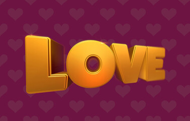 3D Word Love in Gold with Heart Patterned Background 