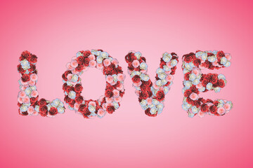 Word Love Written in White Pink and Red Flowers on Pink Background