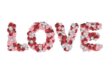 Word Love Written in White Pink and Red Flowers on White Background