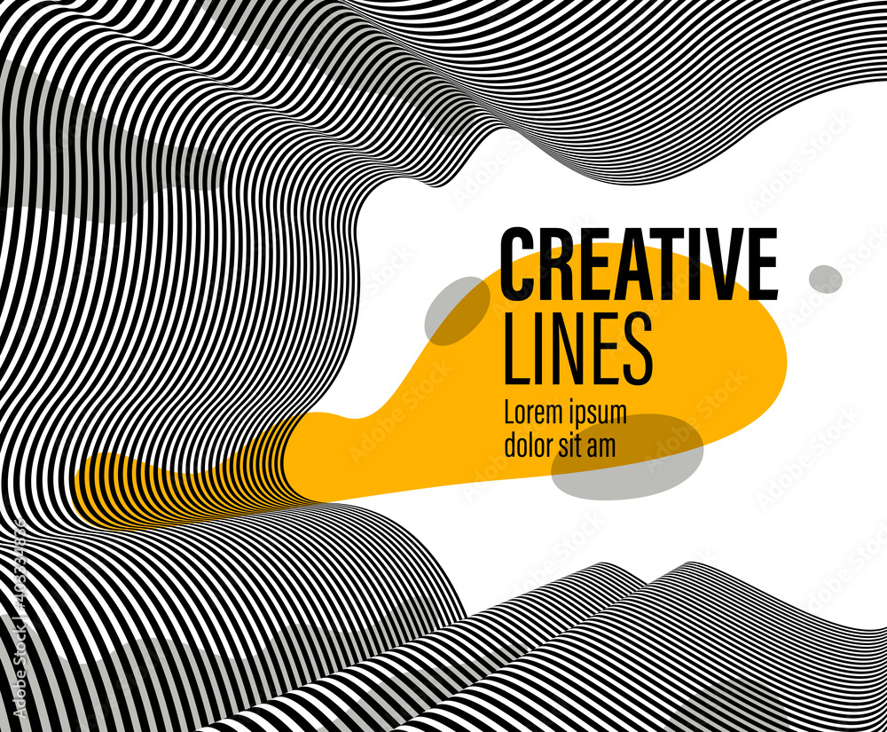 Poster abstract vector 3d lines with yellow fluid splat background, black and white curves linear perspecti