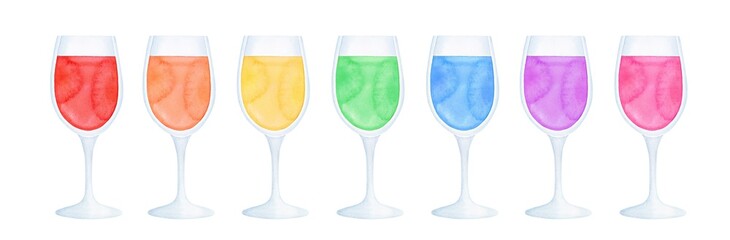 Watercolor illustration set of many wine glasses with bright liquid of various colors. Hand drawn watercolour graphic paint, clip art elements for design, multicolored ornament, stickers, invitation.