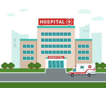 Hospital outside. Ambulance near to the medical building. Isolated medical facility. City background. Modern vector flat illustrations