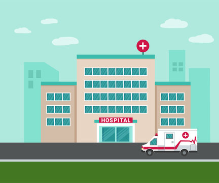 Hospital outside. Ambulance next to the medical building. Treatment during isolation. First emergency aid. Health care. City background with trees and houses. Modern vector flat illustrations