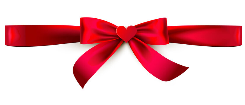 red bow ribbon with heart appliqué isolated on white