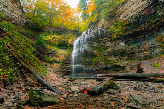 Looking up from the base of Tiffany Falls in autumn