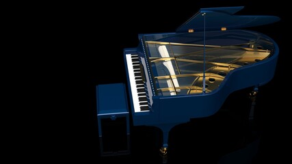 Dark Blue Grand Piano under black background. 3D illustration. 3D high quality rendering. 3D CG.