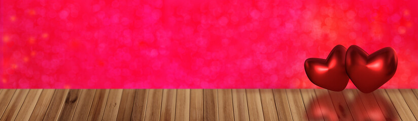 horizontal long panorama of heart model, red, pink texture, decoration, love, engagement background for design, postcards, concept of marriage proposal, Valentine's Day, 3d illustration, 3d rendering