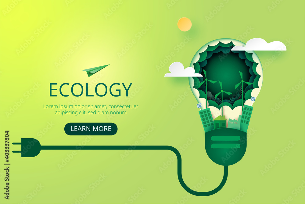 Poster paper art of green ecology and save energy for environment conservation concept landing page website