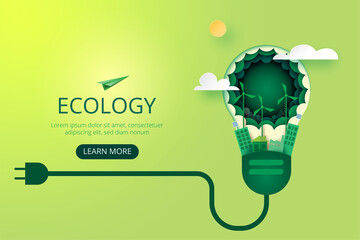 Paper art of green ecology and save energy for environment conservation concept landing page website template background.Vector illustration.