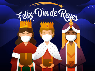 Ilustración de los reyes magos con mascarillas cargando unos paquetes. 