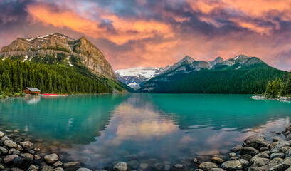Sunset at iconic and stunning Lake Louise in Banff, Jasper National Park, Alberta, Canada. Amazing,...