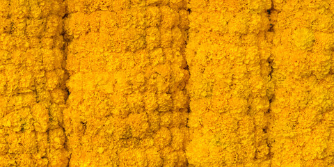 Fresh yellow marigold garlands, a closeup, at market in Thailand.