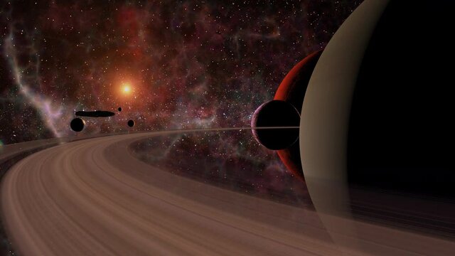 Interstellar asteroid Oumuamua in a fictional solar system with large planets. 
3d Oumuamua model: Credit: ESO/M. Kornmesse