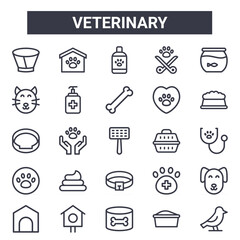 veterinary outline icon set. includes thin line icons such as elizabethan collar, cat, pet carrier, veterinary, litter box, pet shampoo, bird, bone. can be used for report, presentation, diagram,