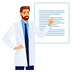 Doctor  presenting information header vector banner. Medic pointing finger upwards. Male presenting information header vector banner.