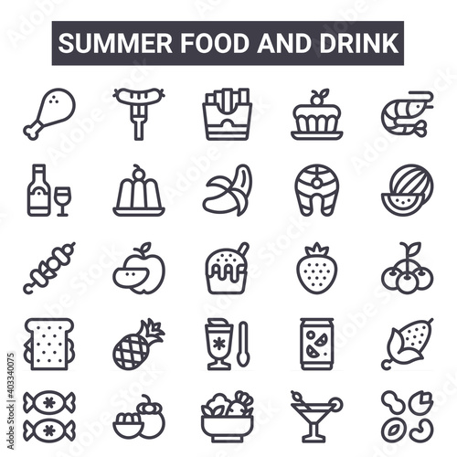 Summer Food And Drink Outline Icon Set Includes Thin Line Icons Such As Chicken Leg Wine Strawberry Soda Martini French Fries Nuts Banana Can Be Used For Report Presentation Diagram Web Wall