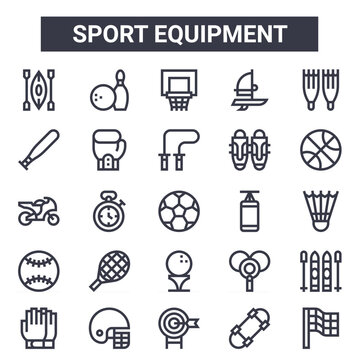 sport equipment outline icon set. includes thin line icons such as kayak, baseball, punching bag, billiards, skateboard, basketball, finish flag, skipping rope. can be used for report, presentation,