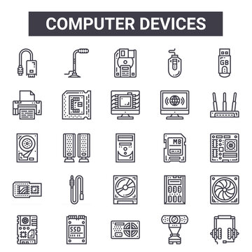 Computer Devices Outline Icon Set. Includes Thin Line Icons Such As Monitor, Printing, Sd Card, Server, Webcam, Diskette, Headphones, Computer Devices. Can Be Used For Report, Presentation, Diagram,