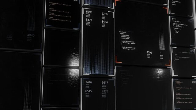 Vertical moving panels with running lines of code. Animation. Java programming language on the abstract rows of panels, seamless loop.