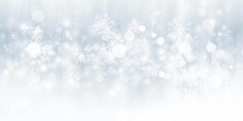 Naklejka na ściany i meble White snowflake blur abstract background. Bokeh Christmas blurred beautiful shiny Christmas lights.