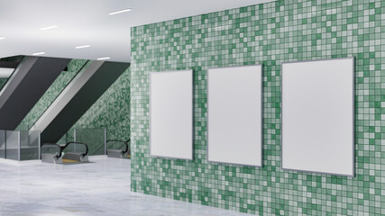 3D three blank mockup signboard on mosaics wall near escalator