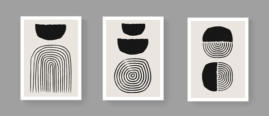 Set of abstract minimalistic hand painted art posters. Mid-century vintage composition. Scandinavian Illustration for Postcards, Covers and Brochures.