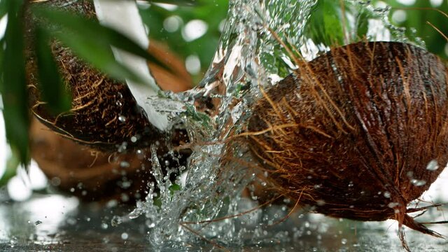 Super Slow Motion Shot of Water Splashing on Coconut at 4K.