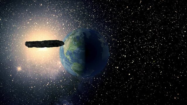 Interstellar asteroid Oumuamua passing by planet earth.. 
3d Oumuamua model: Credit: ESO/M. Kornmesse