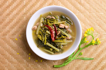 Northern Thai food (Pak Kad Jor), Sour soup Thai flowering bok choy with pork in a bowl