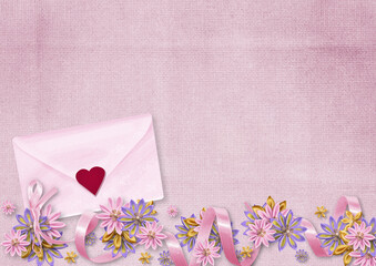 Valentines day background with envelope with heart and silk flowers. Valentine's day card