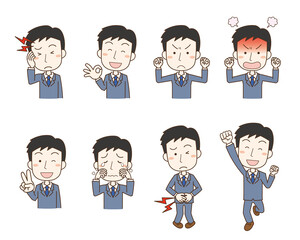 スーツを着た若い男性会社員の表情ポーズイラストセット