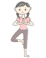 ヨガで木のポーズをする女性のイラスト