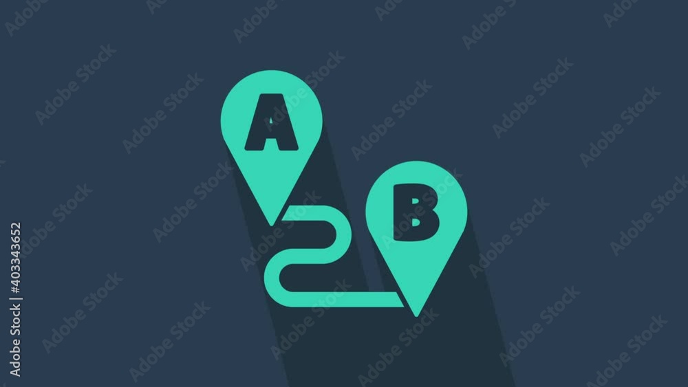 Poster turquoise route location icon isolated on blue background. map pointer sign. concept of path or road