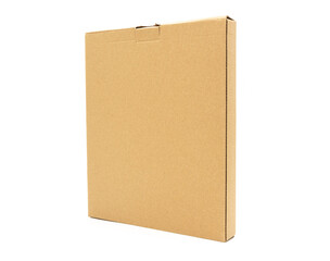 Closeup of a courier packaging thin kraft paper box on white background