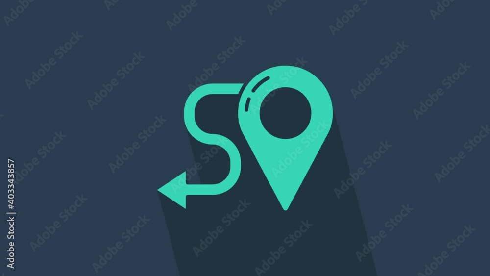Poster turquoise route location icon isolated on blue background. map pointer sign. concept of path or road