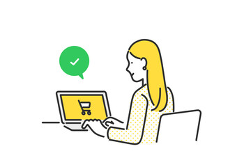 パソコンでオンラインショッピングをする女性のイラスト素材