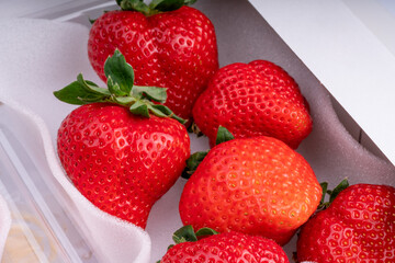 Fresh Amaoh Strawberry in the box on White Background. Red Strawberry packaging ready to sell in supermarket.