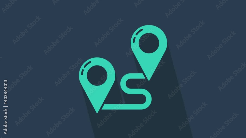 Poster turquoise route location icon isolated on blue background. map pointer sign. concept of path or road