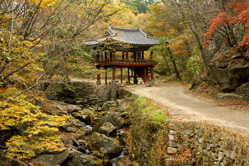 Near Suncheon, South Korea, in Jogyesan Provincial Park, a small pavilion greets visitors on the path to the Seonamsa Buddhist temple complex.